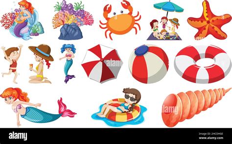 Set of summer beach objects and cartoon characters illustration Stock ...