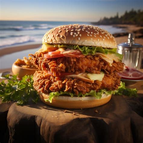 Premium AI Image | Big Chicken Zinger Sandwich in the middle of beach