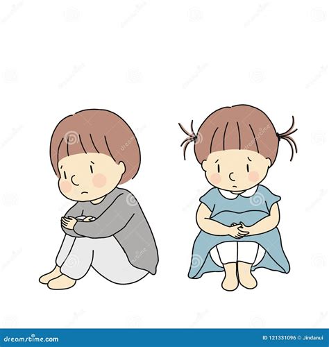 Vector Illustration of Little Kids Hugging Knees, Feeling Sad and ...