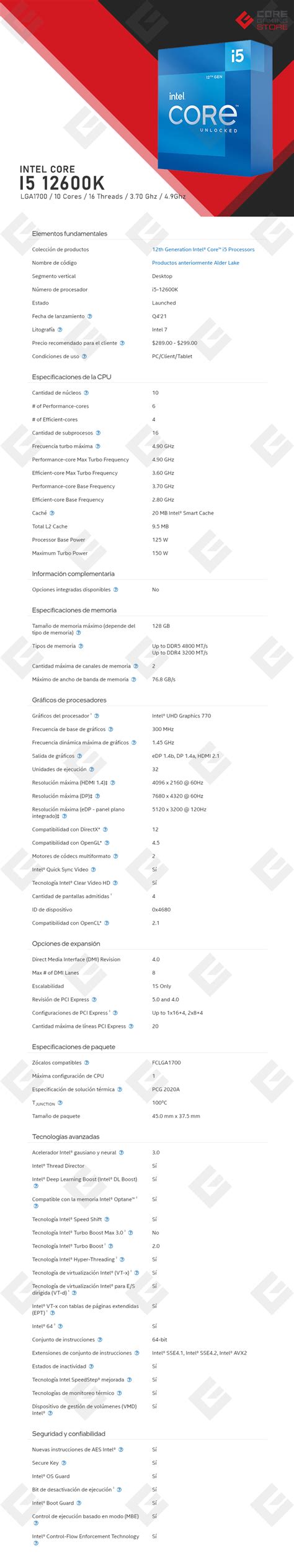 Procesador Intel Core i5 12600K, 10 Cores (6 Performance-cores / 4 ...