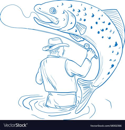 Fly fisherman trout fishing drawing Royalty Free Vector