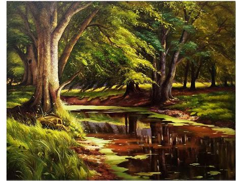 Beautiful Forest Lake Landscape | Oil On Canvas | Exotic India Art