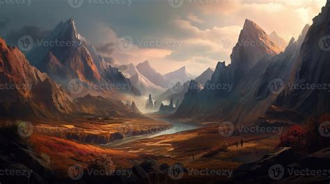 Mountain Fantasy Backdrop Concept Art Realistic Illustration Background ...