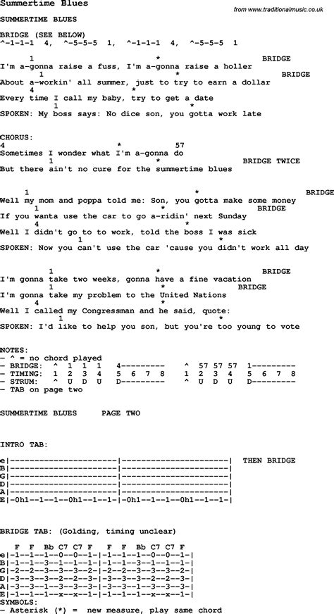 Blues Guitar lesson for Summertime Blues, with Chords, Tabs, and Lyrics