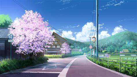 HD wallpaper: Japan, anime, clouds, street, house, Sakura blossom ...