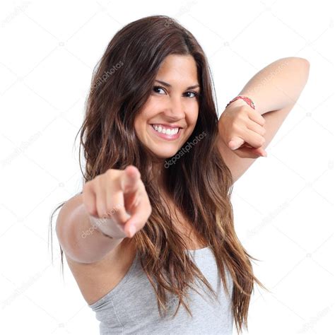 Attractive woman pointing at camera with both hands — Stock Photo ...