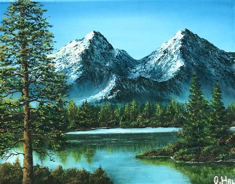 Pine tree near the Mountain lake, Oil Painting 14x11, gift, decoration ...