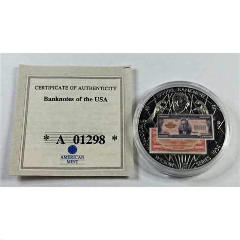 Woodrow Wilson $100000 Banknote Commemorative Medallion*40mm Brilliant ...