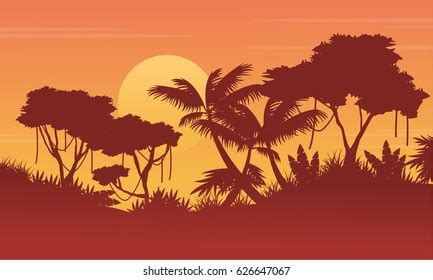 Collection Background Jungle Tree Silhouette Scenery Stock Vector ...