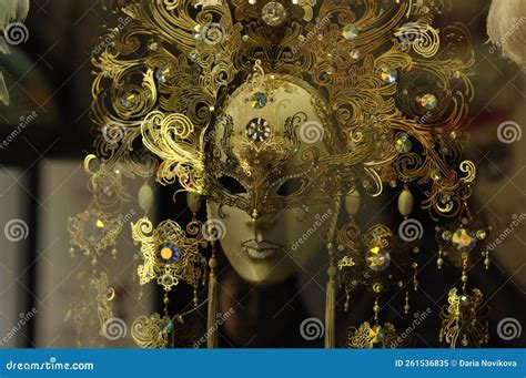 Golden Venetian Carnival Mask in a Showcase Stock Image - Image of ...