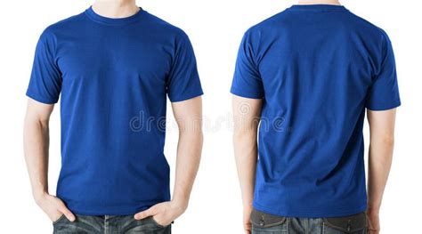 Young male in blank blue t shirt front and back view isolated white ...