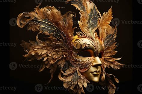 Venetian carnival mask. Gold color, colored feathers. Happy carnival ...