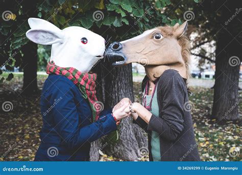 Horse and Rabbit Mask Women in the Park Stock Image - Image of head ...