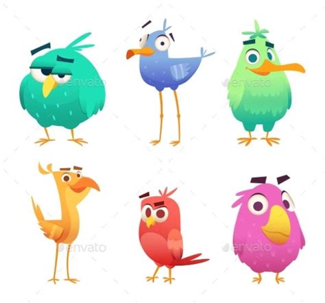 Cartoon Funny Birds with Colorful Feathers and Beaks