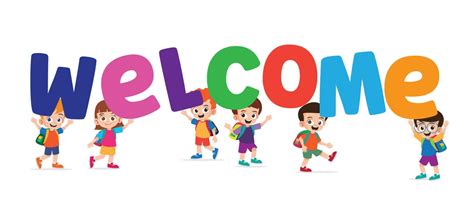 Happy group of kindergarten kids holding a welcome text vector ...