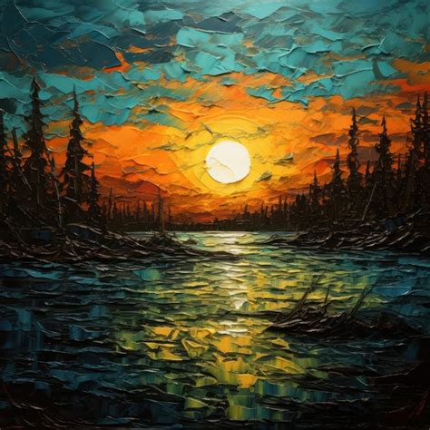 Premium AI Image | a painting of a sunset over a river