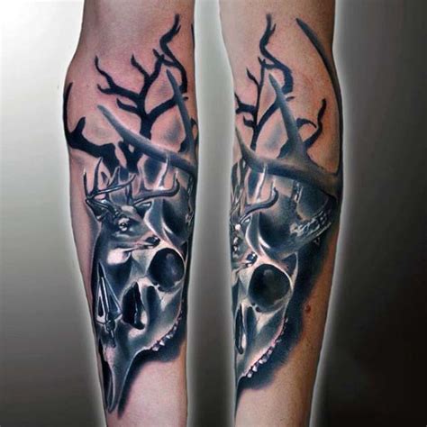 Original painted black ink animal skull with deer tattoo on arm ...