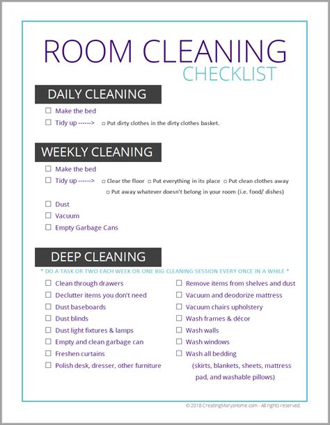 Room Cleaning Checklist - free printable - creatingmaryshome.com