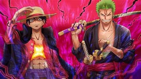 Download Luffy Zoro Pink Raging Art Desktop Wallpaper | Wallpapers.com