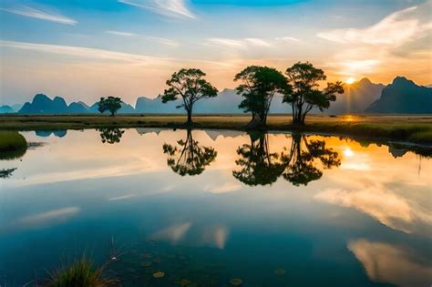 Premium Photo | A sunset with trees reflected in a lake