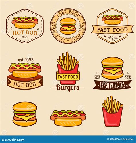 Vector Vintage Fast Food Logos Set. Retro Eating Signs Collection ...