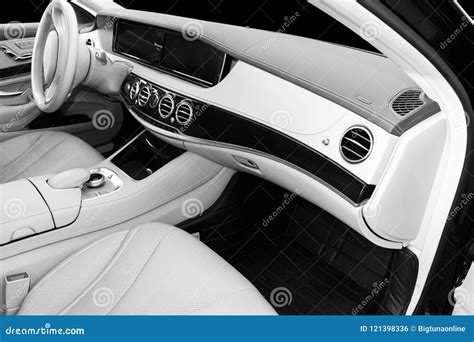 White Leather Interior of the Luxury Modern Car. Leather Comfortable ...