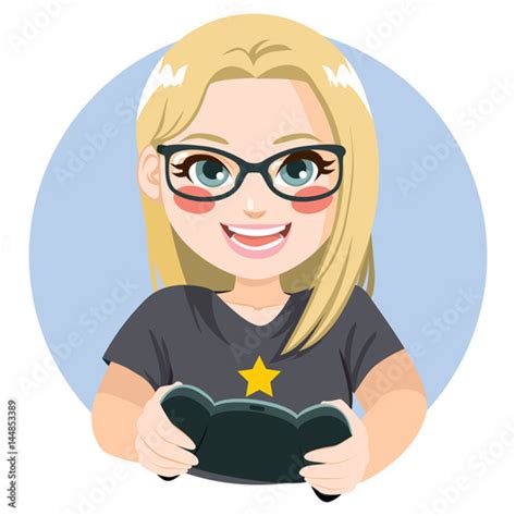 Happy delighted blonde gamer girl with glasses playing video games ...