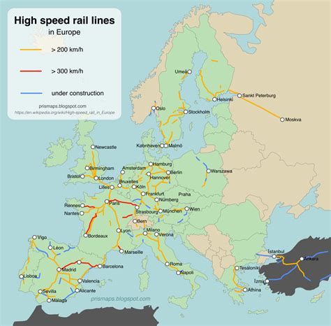 Prismaps - Maps of Europe: High-speed rail lines in Europe