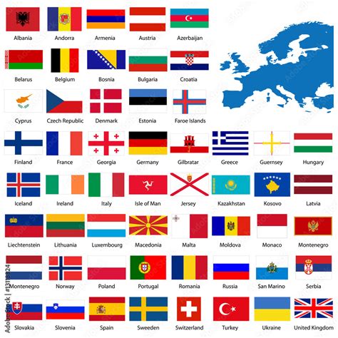 Official list of all European country flags and map Stock Vector ...