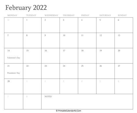 February 2022 Calendar Printable with Holidays