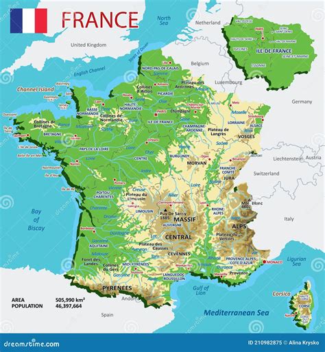 High Detailed Geogr of France with Mountains, Mountain Ranges and ...