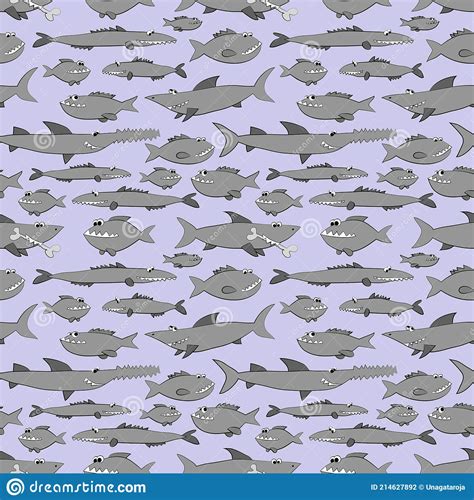 Predatory Fishes - Sharks and Piranhas, Seamless Pattern on Blue ...