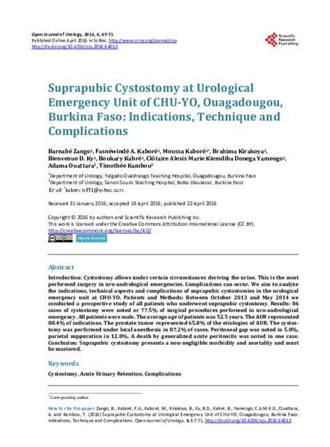 (PDF) Suprapubic Cystostomy at Urological Emergency Unit of CHU-YO ...