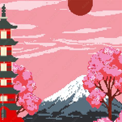 Pixel Fuji mountain at sunset and the red sun, crane and Japan pagoda ...