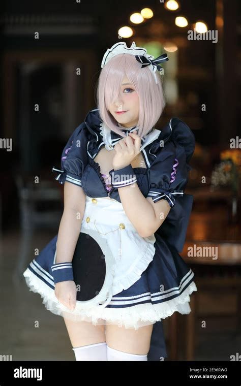 Japan anime cosplay portrait of girl with comic maid costume Stock ...