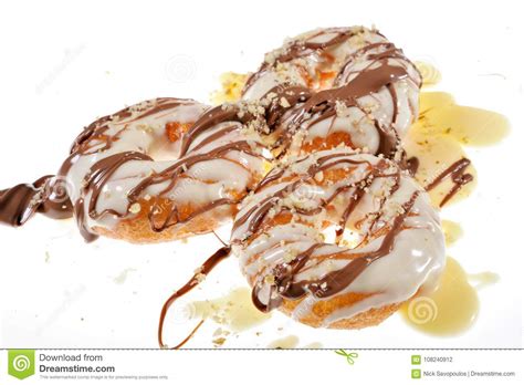 Greek Donut with Syrup Cream and Chocolate Stock Photo - Image of ...