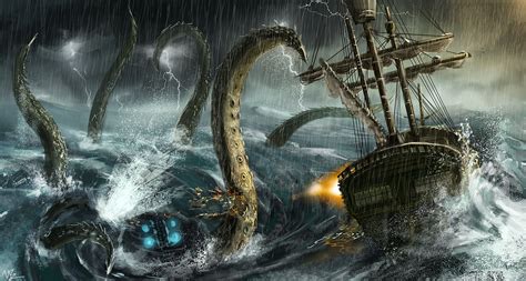 Kraken attacking sailing ship #artwork fantasy art #rain #sea # ...