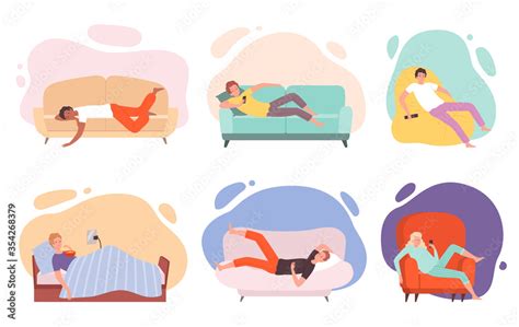 Lazy characters. Laying people on couch or sofa watching tv sleeping ...