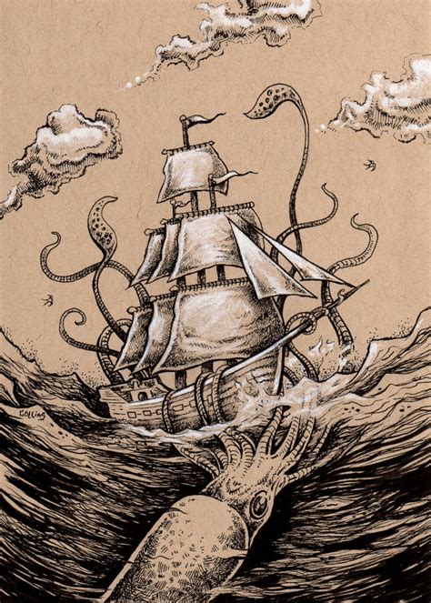 Kraken Attack 5x7 Nautical Sea Monster Fine Art Wall Print by Bryan ...