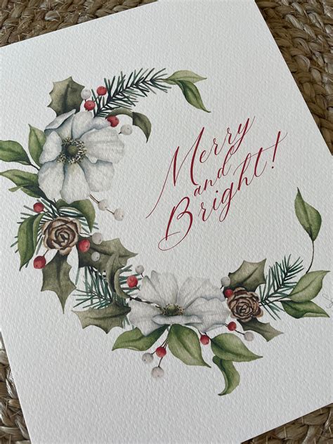 Merry and Bright Holiday Wreath Print Watercolor Christmas - Etsy