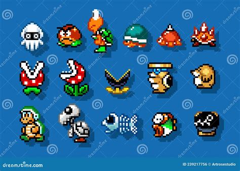 Set Of Enemies Characters From 16-bit Super Mario Bros Classic Video ...