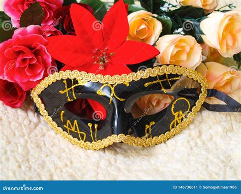 Black Venetian Mask with Gold Decorations, Flowers Stock Image - Image ...