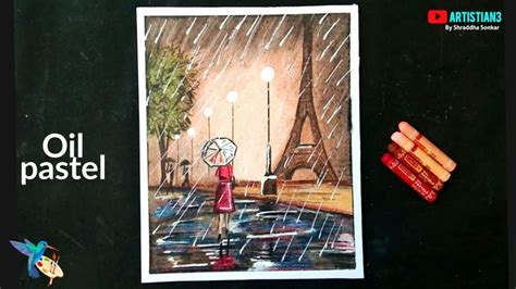 Rainy season scenery oil pastel drawing | Girl with umbrella oil pastel ...