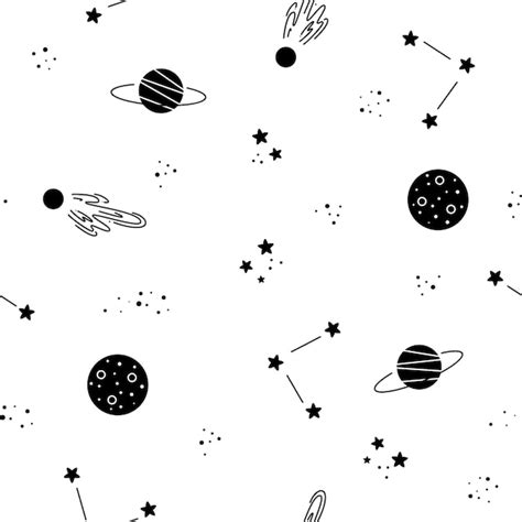 Premium Vector | Black and white space wallpaper with planets and stars.