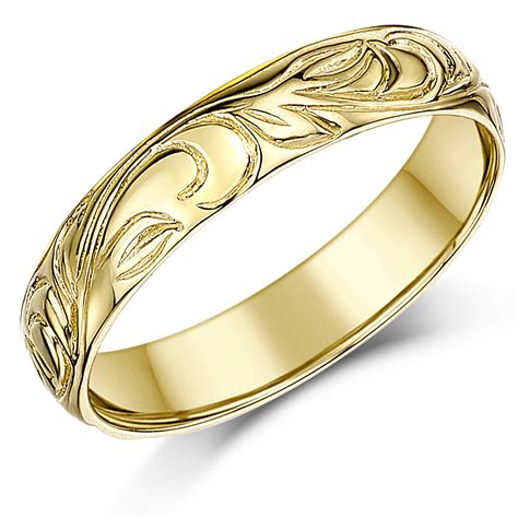 4mm 9ct Yellow Gold Swirl Patterned Wedding Ring Band - Yellow Gold at ...