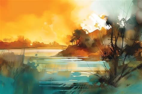 Premium AI Image | A painting of a river with a sunset in the background