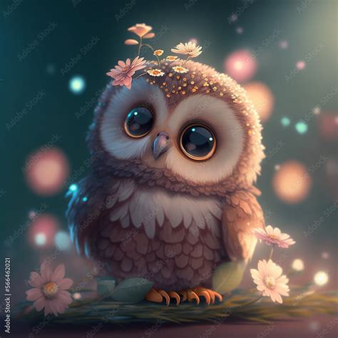 Cute, adorable, sweet baby owl surrounded by spring floral. Created ...