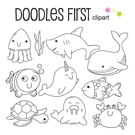 Sea Creatures Outline Drawing, Sea Animals, Outline Doodle Clip Art for ...