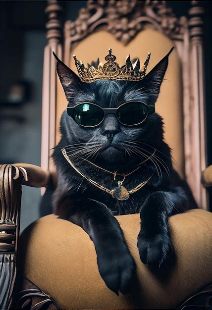 Premium AI Image | A black cat wearing a crown and sunglasses sits on a ...