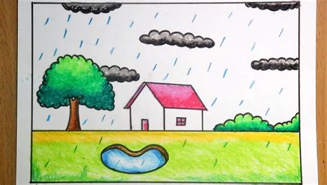 Rainy season drawing | Rain drawing | Rainy scenery drawing | Rainy day ...